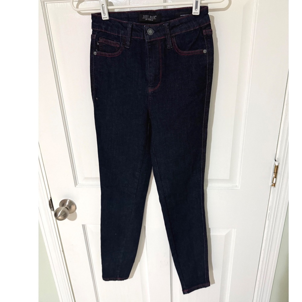 Judy‎ Blue Skinny Jeans Indigo Red Contrast Stitch Heart Pockets Size 0/24